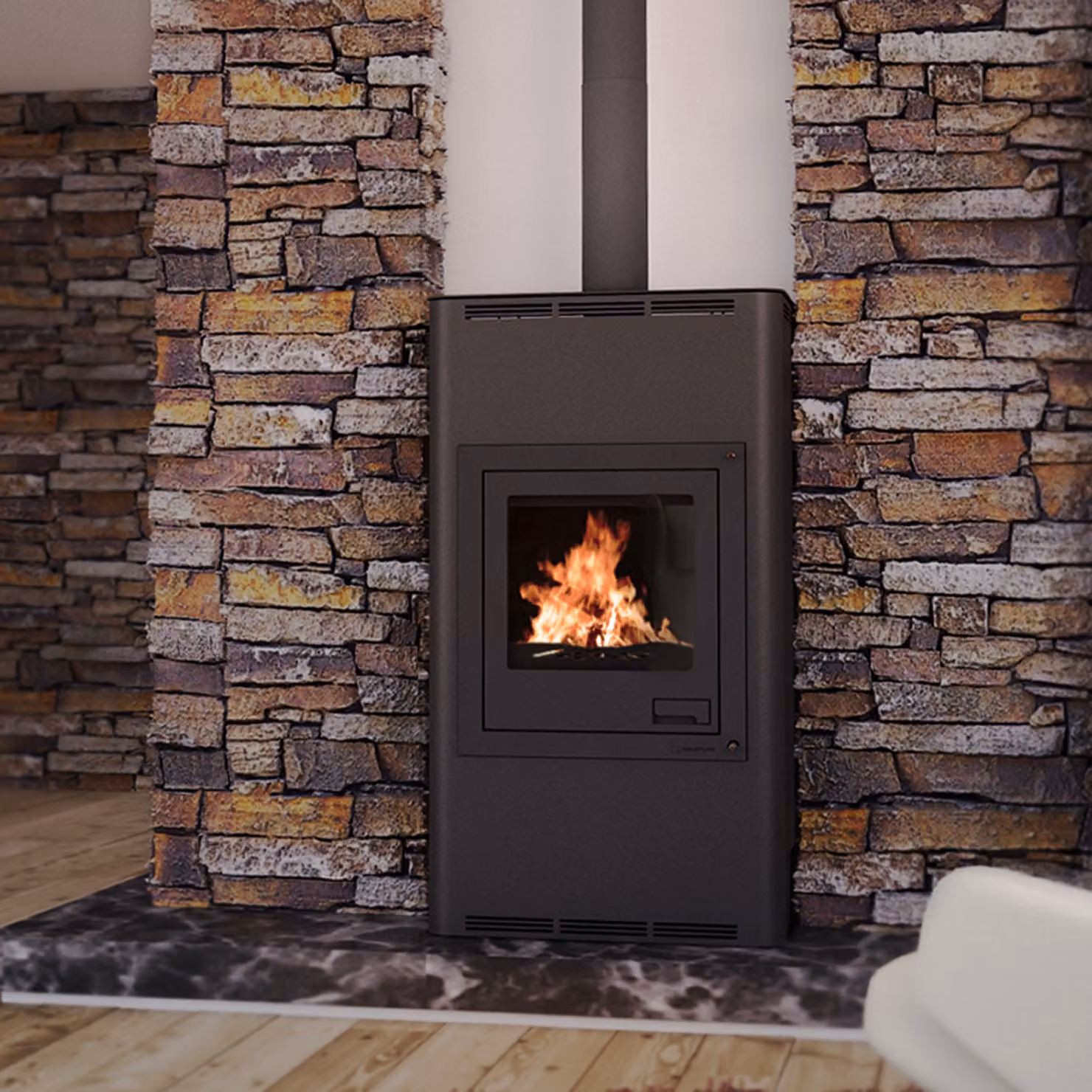 Termocamino HS FLAMINGO AQUAFLAM 17 con scambiatore di calore regolazione base nero