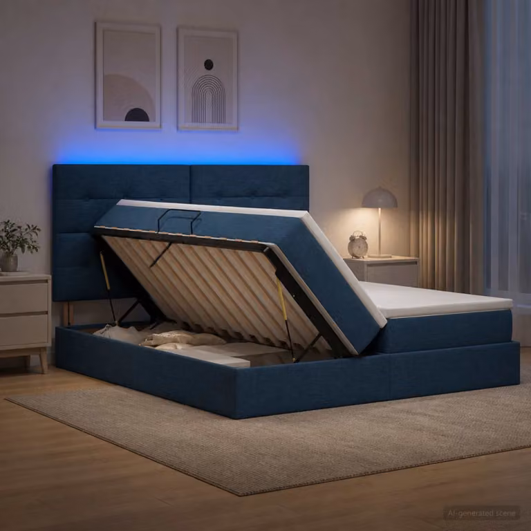 Letto con contenitore e illuminazione LED vidaXL in tessuto blu, L/P/H: 200 x 200 x 40 cm