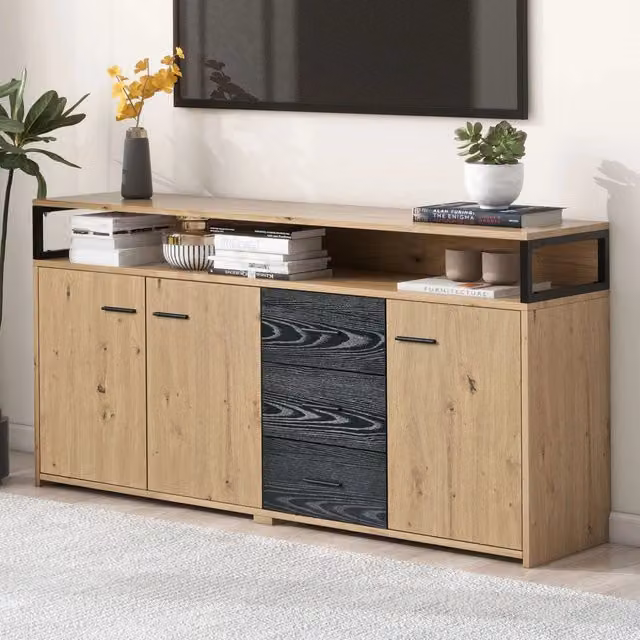Madia Mivray moderna con 3 ante, 3 cassetti e ripiani regolabili in MDF nero, L: 150 cm, P: 35 cm, H: 75.9 cm – 1
