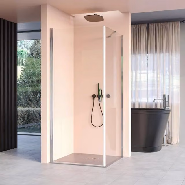 Box doccia angolare con porta battente e lato fisso h195cm 6mm salema, misura 75x90