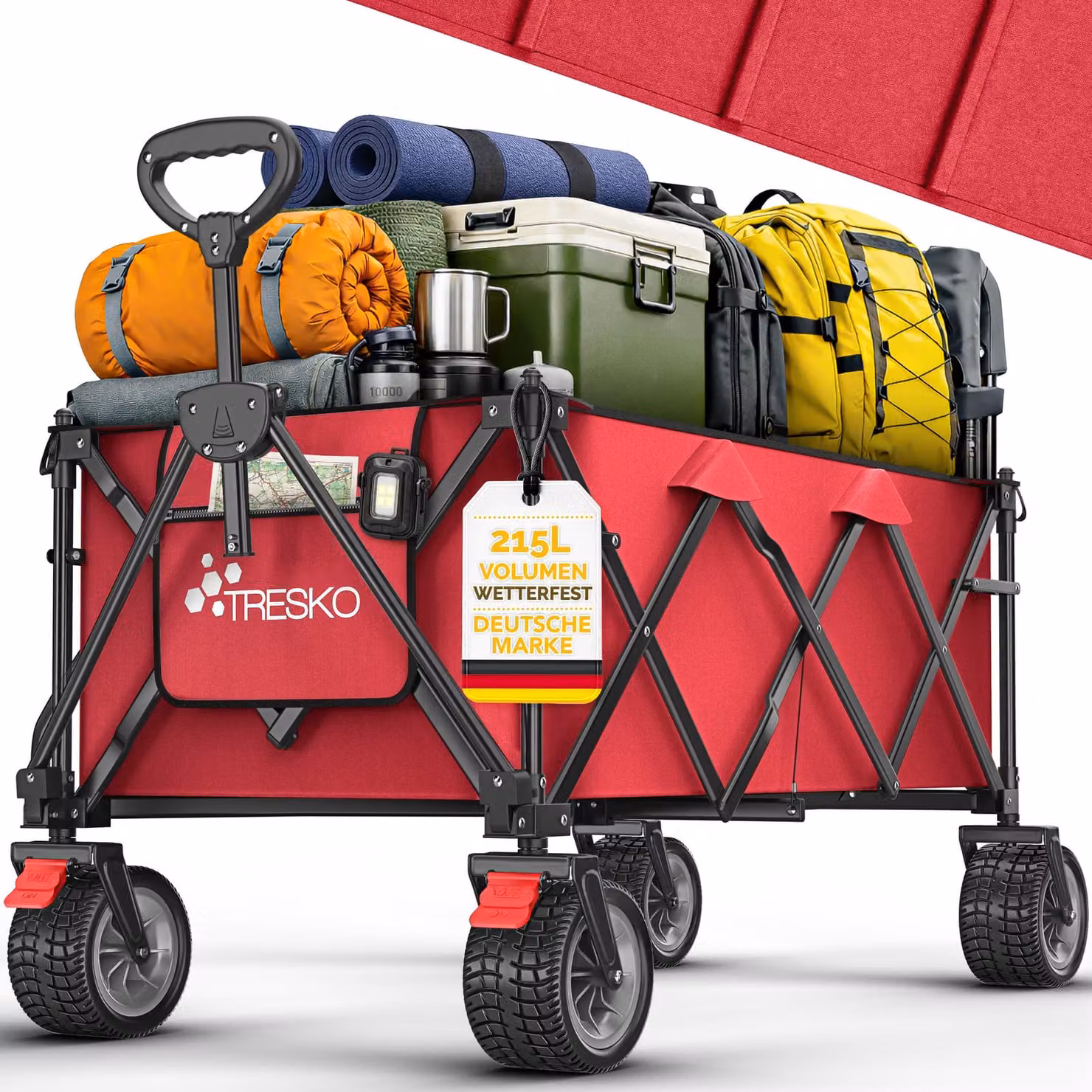 Carrello pieghevole TRESKO® da 215 litri con freno | Carrello pieghevole da 150 kg con ruote in gomma piena | Carrello da spiaggia pieghevole con ruote fuoristrada extra larghe | Carrello da trasporto con borsa per il trasporto