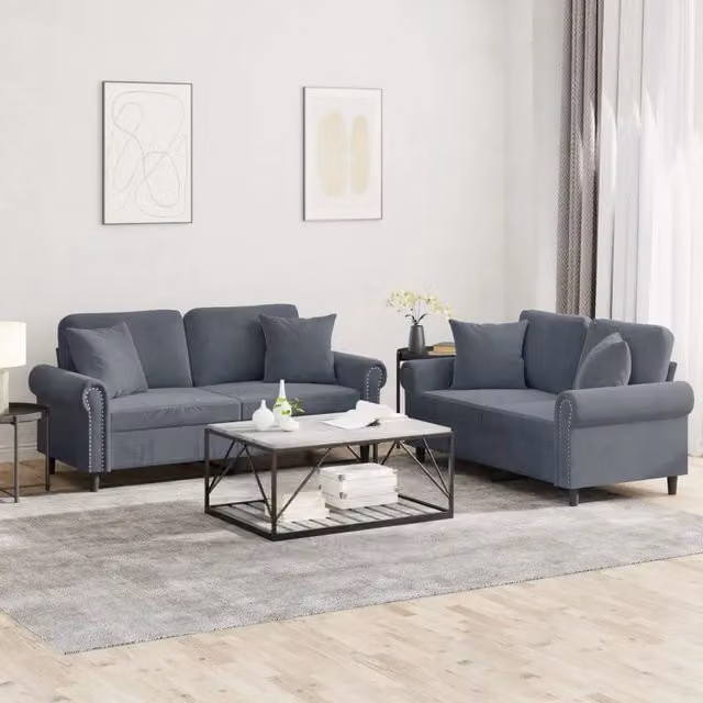 Set di 2 divani moderni vidaXL in velluto grigio con cuscini inclusi – 1
