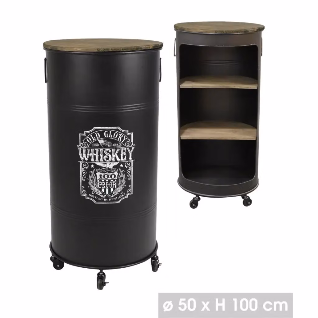 Bar mobile aperto con ruote in stile industriale Meublorama collezione OLD GLORY in metallo nero opaco, Diametro: 50 cm, Altezza: 100 cm – 2