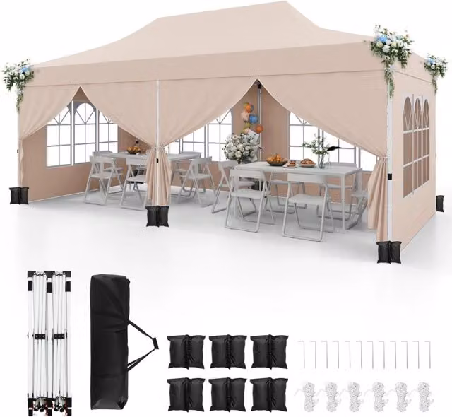 Gazebo pop-up con 6 pareti laterali e ingressi con cerniera, Gazebo istantaneo portatile per festa e picnic 3 x 6 m Beige