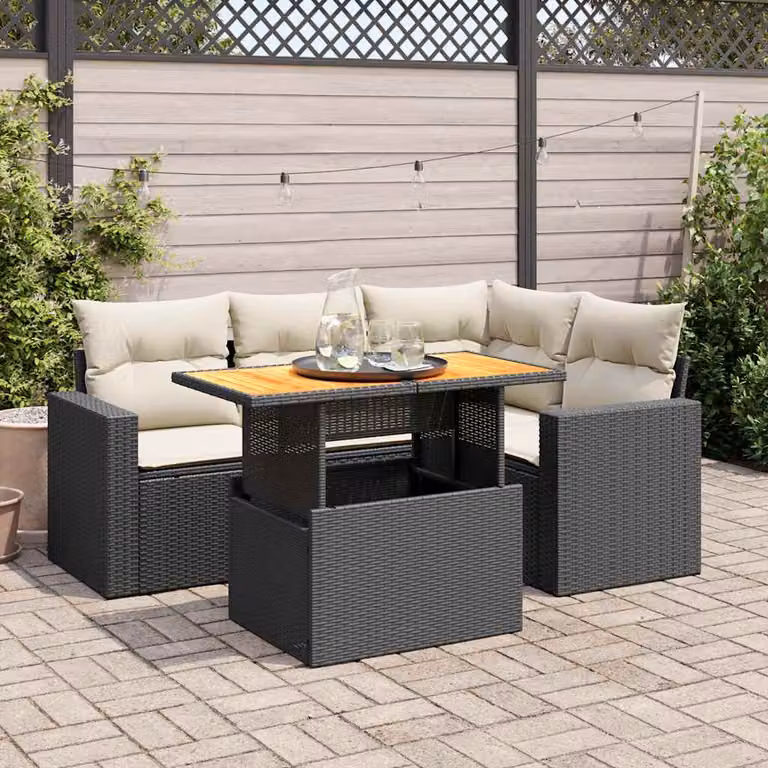 Set Divano da Giardino a L vidaXL 5 pz con Tavolino e Cuscini, Design Moderno in Polyrattan e Legno di Acacia, Colore Nero, Grigio o Bianco