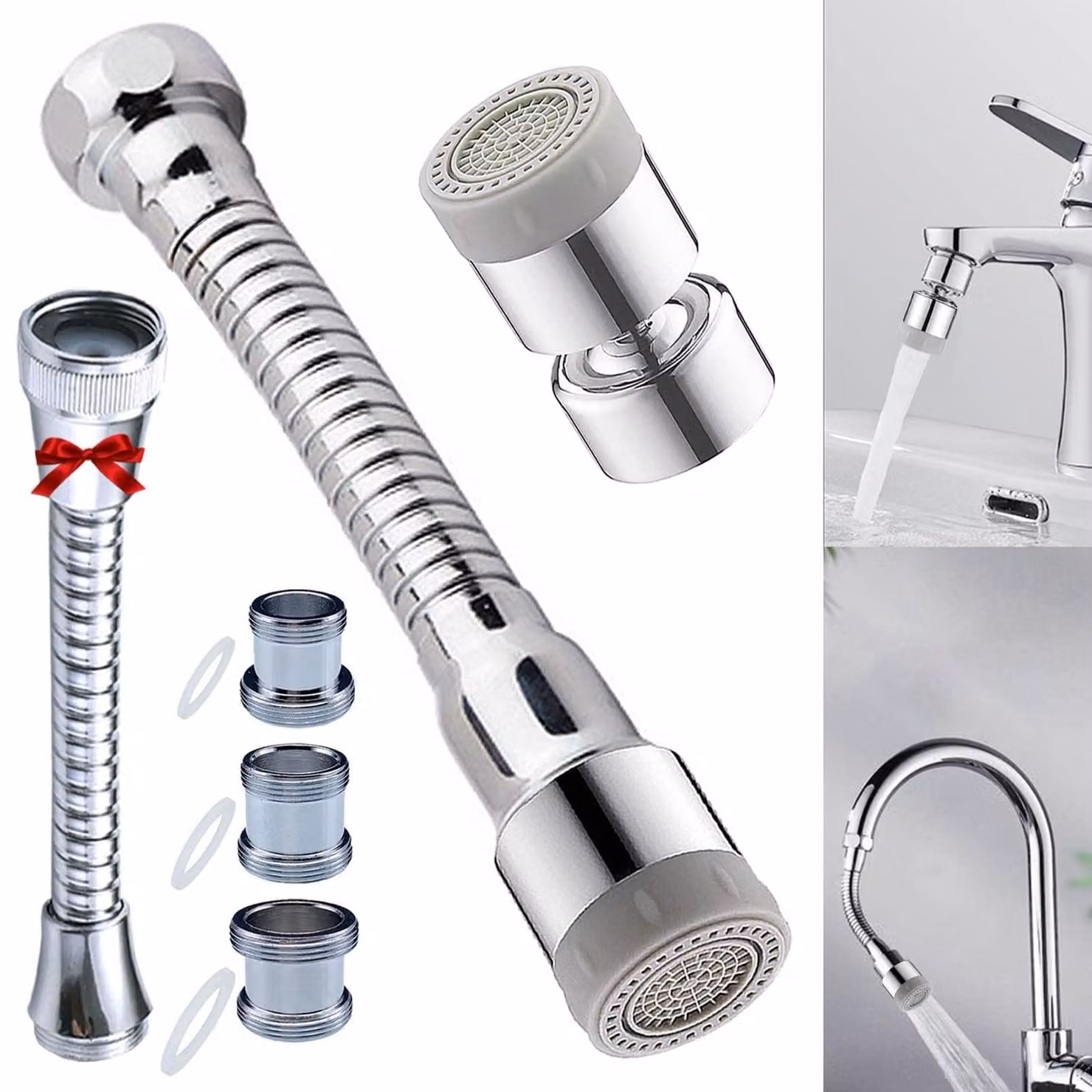 Ugello per rubinetto - Estensione per rubinetto - Rotazione a 360° - Accessorio per cucina - Spruzzatore per rubinetto - Con 3 adattatori - Adatto per filettature da M22 a M24/M20/M18
