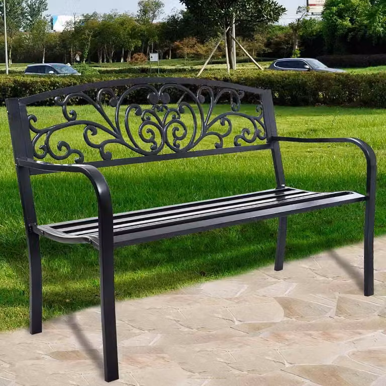 Panca da giardino Costway con schienale e braccioli in ghisa nera L: 126 cm, P: 60 cm, H: 85 cm