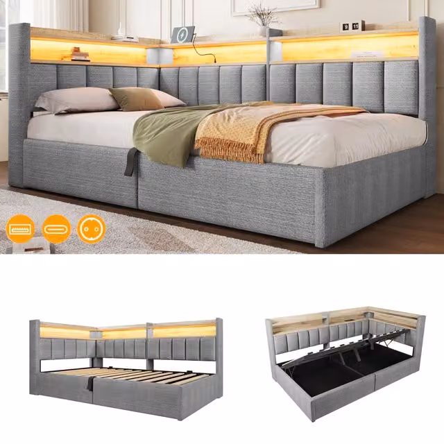 Letto singolo 90x200 cm contenitore con sollevamento idraulico; velluto grigio e illuminazione LED RGB