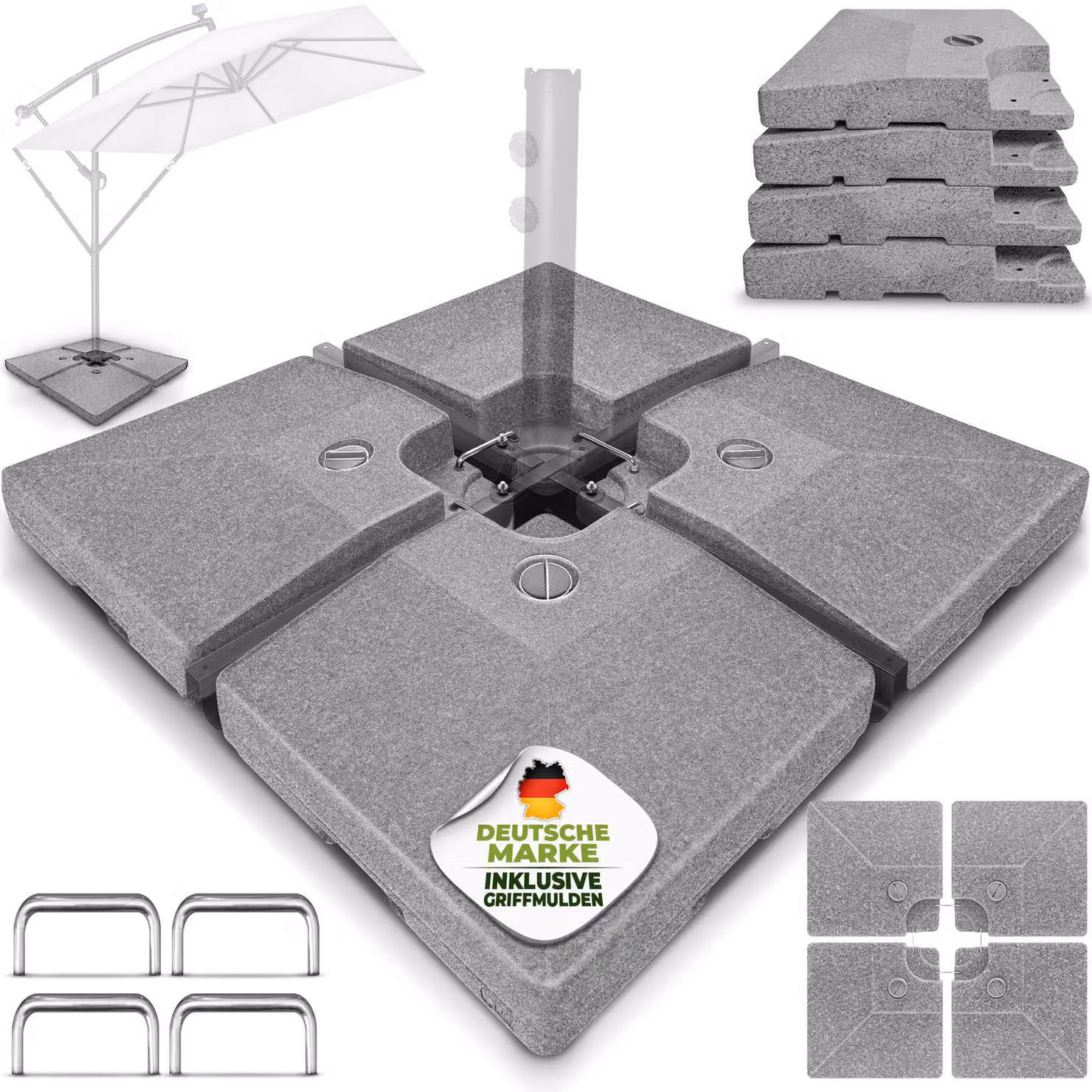 Supporto per ombrellone tillvex® grigio granito 90 litri / 120 kg – 4 pezzi per ombrellone a braccio incl. connettore metallico | Peso dell'ombrellone riempibile con acqua o sabbia | Supporto per ombrellone a braccio resistente alle intemperie