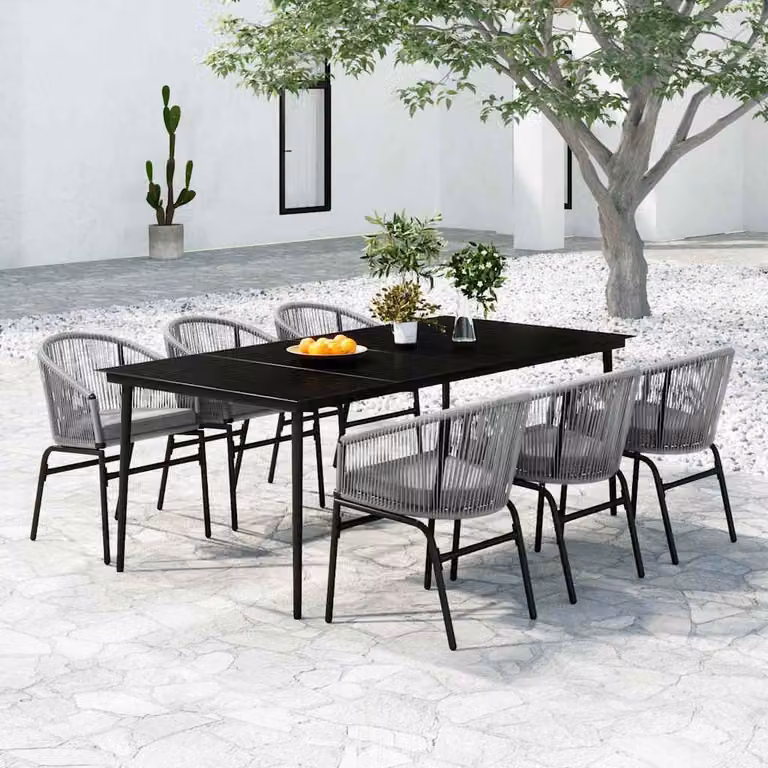 Set da pranzo da giardino vidaXL in stile moderno composto da 7 pezzi in metallo e vetro color grigio e nero