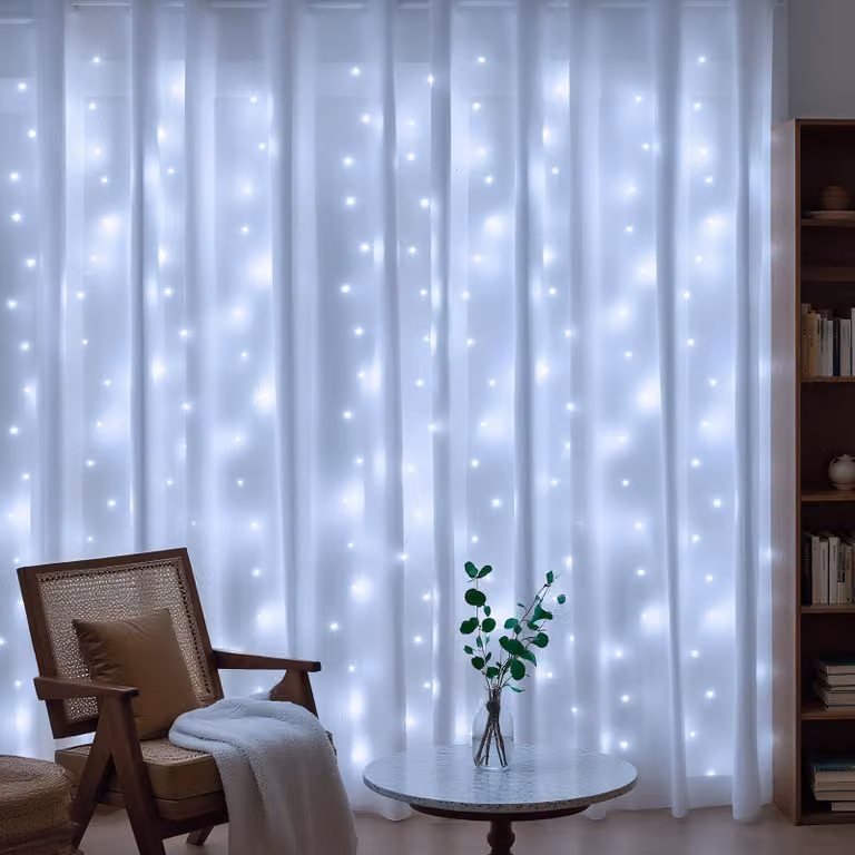 Tenda luminosa, dimensioni 3x3 metri, 300 LED, luce bianca fredda, 8 modalità, dimmerabile, grado di protezione IP44, alimentazione USB