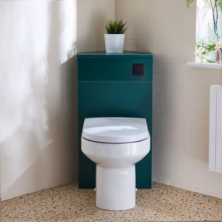 Unità WC Angolare in Verde Scuro con Sanitario a Filo Muro Covelly e Pulsante di Scarico Nero - Cluo