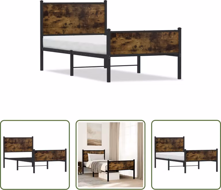 The Living Store Struttura letto con testiera e pediera in metallo rovere fumé 90x200 cm