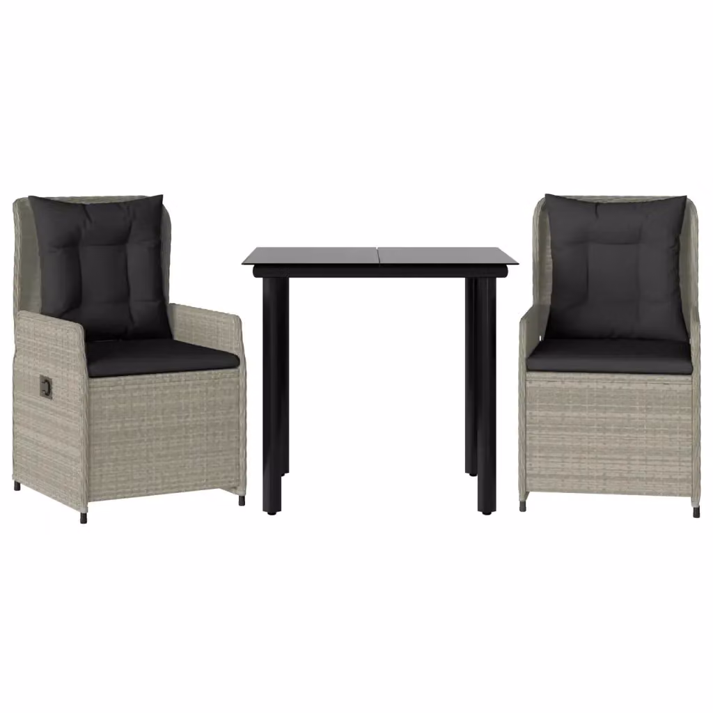 Set Pranzo da Giardino vidaXL in Polyrattan con Cuscini e Tavolo in Vetro, 3 Pezzi, Grigio e Nero – 2