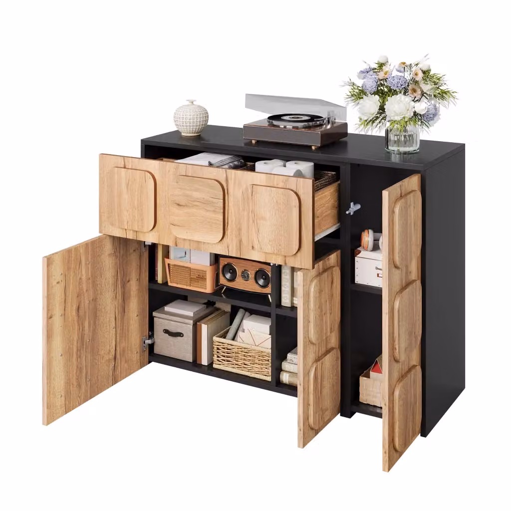 Madia modulare Chicfurn con cassetti e vani a giorno ad apertura a pressione, finitura opaca, disponibile in nero o marrone, ideale per soggiorno, sala da pranzo o ufficio – 2