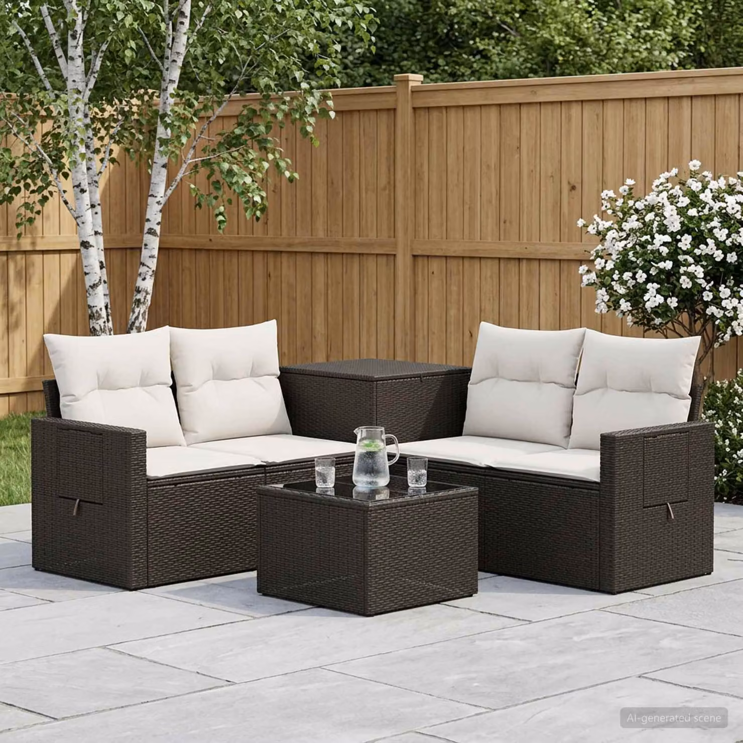 Set di divani da giardino vidaXL in polyrattan nero, bianco e beige con tavolo da caffè e cuscini inclusi