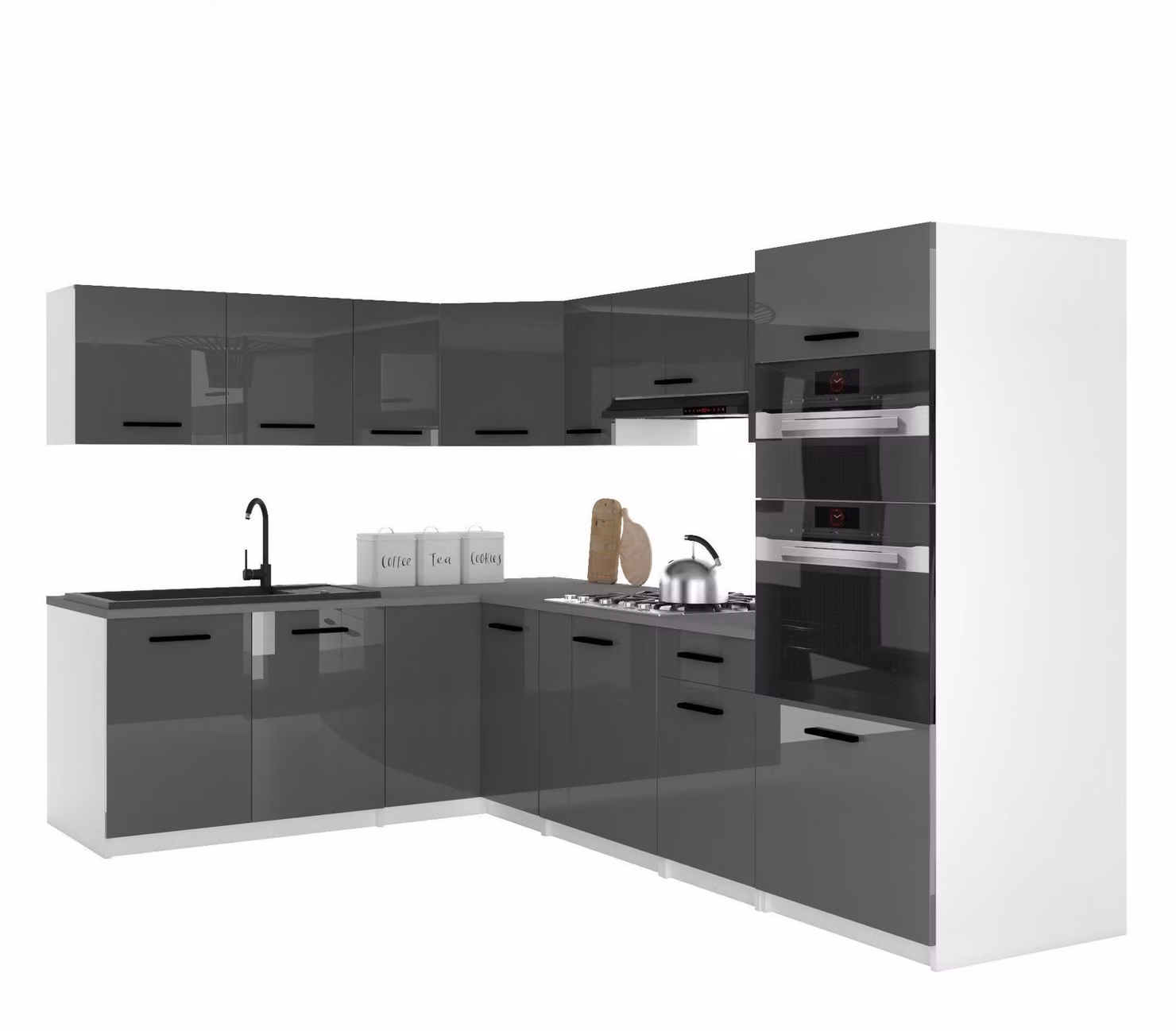 Belini - Linea cucina moderna ITALIA 8 - Mobili da cucina 420 cm grigio lucido - Cucina componibile con pensili, mobili base e piani di lavoro