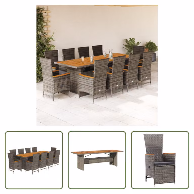 The Living Store Set da pranzo da giardino 11 pezzi con cuscini in poly rattan grigio