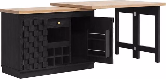 Isola cucina e mobile laterale girevole 360° 120–197 cm con ante patchwork, portabottiglie estraibile e cassetti in MDF e metallo, colore rovere chiaro o nero