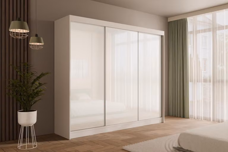 Armadio ALTDECOR con ante scorrevoli Lacobel, guide con cuscinetti a sfera e listelli in alluminio - PEKA - 250 cm Bianco / Bianco