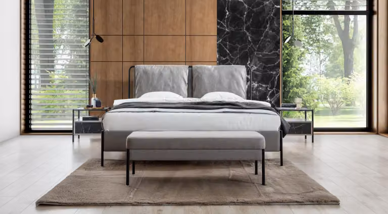 Exklusives Schlafzimmer Doppelbett Metallgestell Moderne Bank Luxus Möbel
