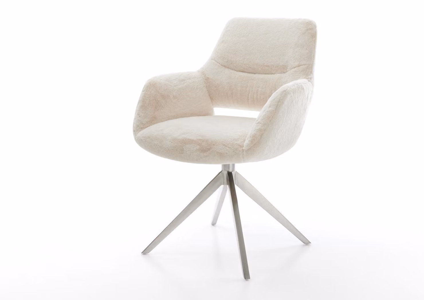 Sedia girevole DELIFE Yago-Flex con braccioli, rivestita in tessuto effetto peluche, colore crema-bianco, struttura a croce in acciaio inossidabile, rotazione a 360°, funzione basculante, imbottitura in molle insacchettate