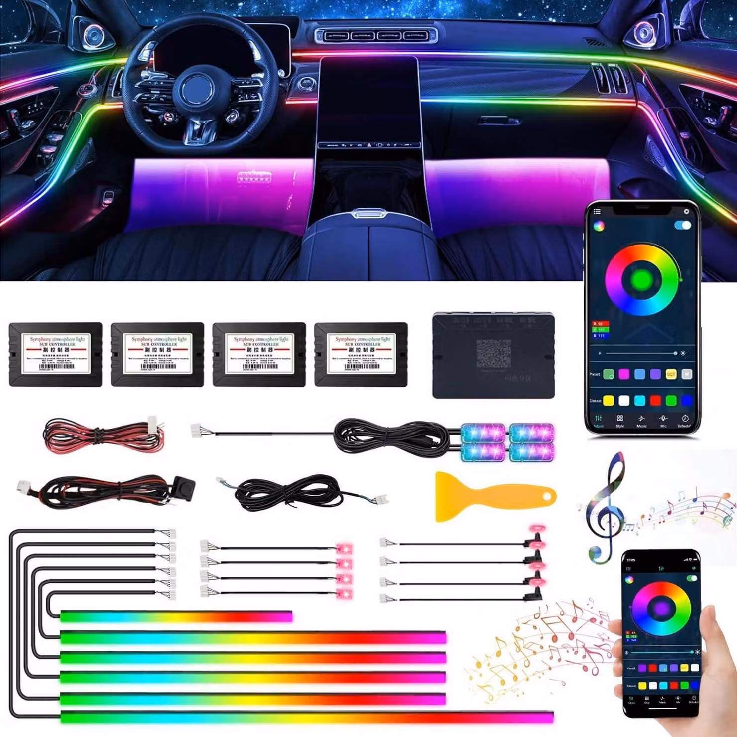 Illuminazione interna LED per auto, 18 in 1, luce ambientale RGB con sensore musicale e controllo tramite app, 12V