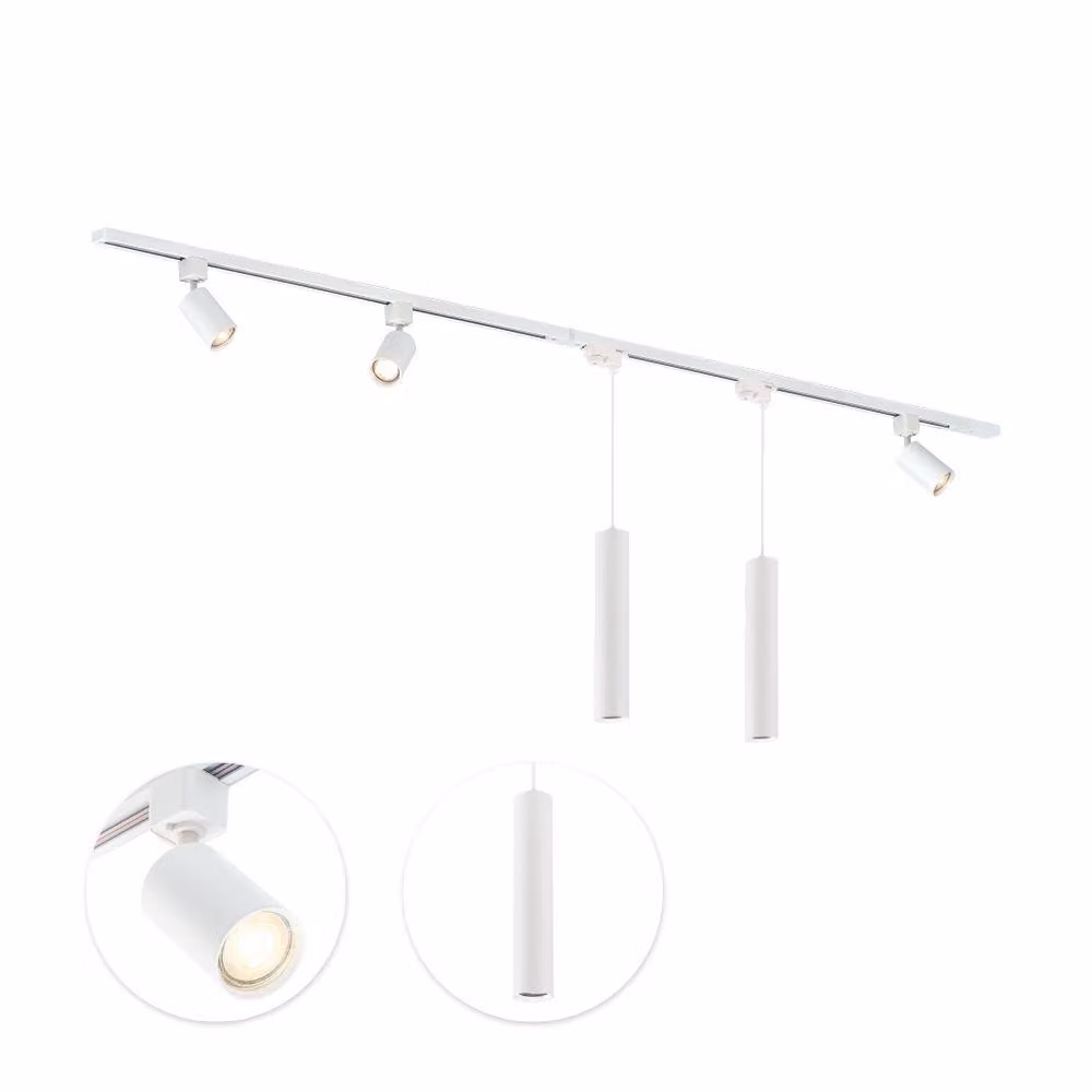 Qub Focus III - Set completo sistema binario LED - Bianco - Monofase - 200 cm - 3 faretti e 2 lampade a sospensione - Forma a I