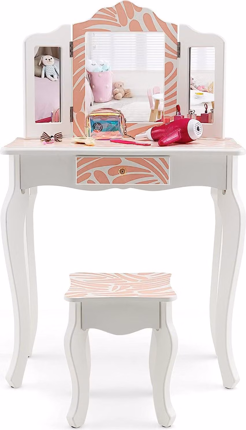 COSTWAY Tavolino da toilette per bambini con sgabello, scrivania 2 IN 1 con triplo specchio pieghevole, piano d'appoggio e cassetto rimovibili, tavolino da toilette in stile principessa (zebra)
