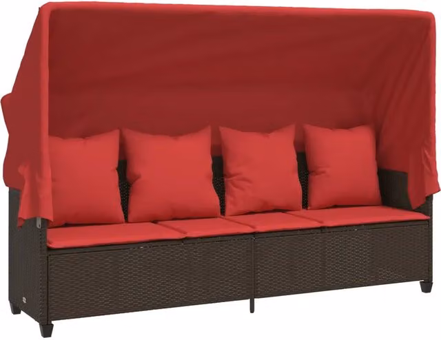 Lettino Prendisole | Sdraio da giardino | Lettino da sole con Baldacchino e Cuscini Marrone Polyrattan