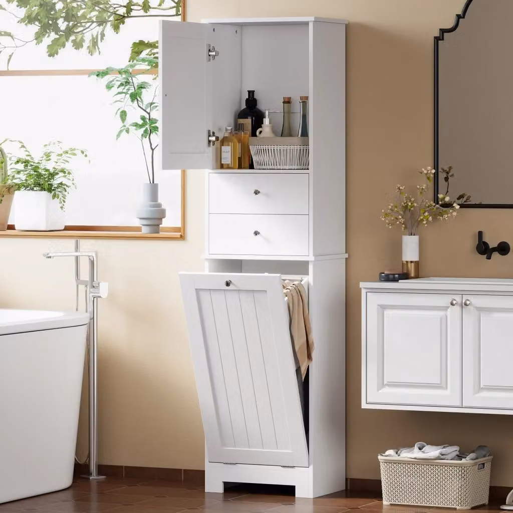 Mobile Alto da Bagno Giordanoshop Bianco con Cesto per Biancheria e Ante Soft Close L/P/H: 45 x 30 x 171,3 cm – 2