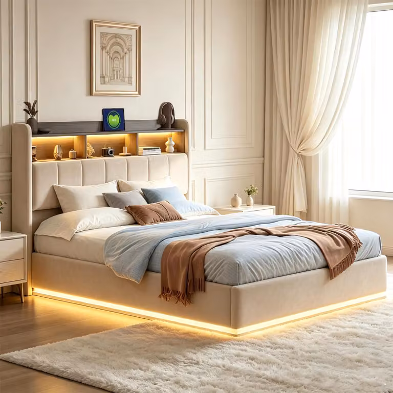 Letto imbottito INONEFT, 140x200 cm, con LED e USB, con sistema di sollevamento idraulico per lo spazio contenitivo, letto matrimoniale con spazio contenitivo e rete a doghe, letto per ragazzi con testiera, in velluto, color beige