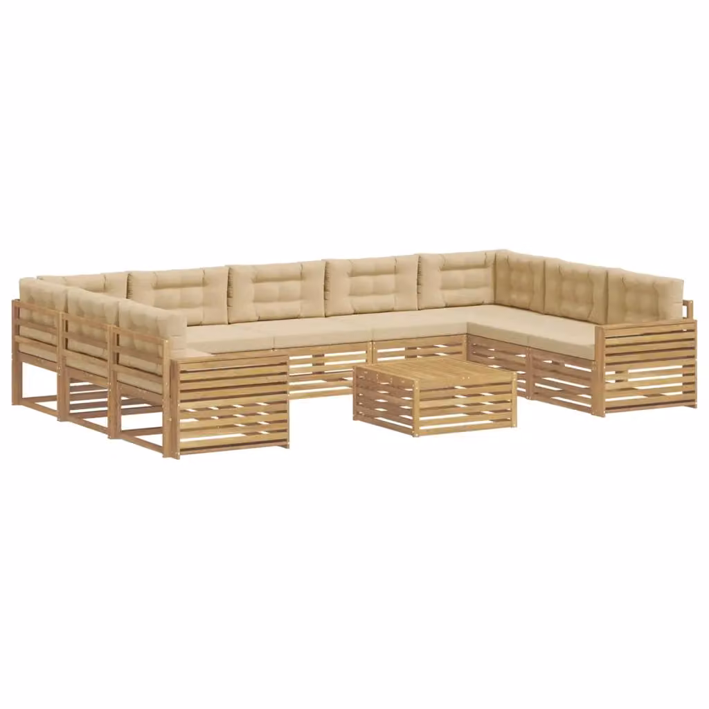 Set di divani da esterno a L con tavolino da giardino vidaXL in legno di acacia, Bianco e Beige – 2