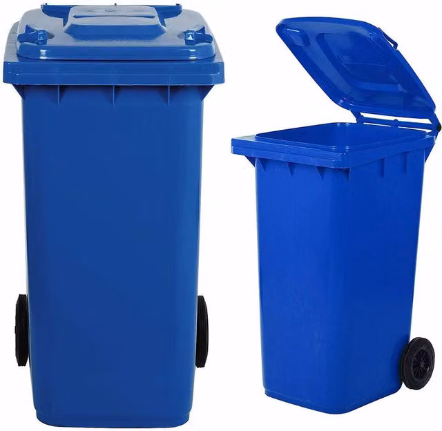 Bidone per raccolta differenziata carrellato Mobil Plastic con pedale e anello, colore blu, capacità 240 l