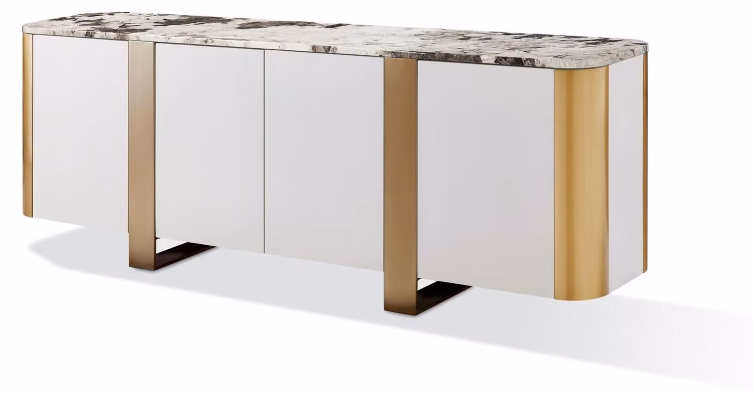 Mobile contenitore laterale FURNLUX, modello Stilig, bianco e oro, 200 cm. Colore principale: bianco. Dimensioni: 200 x 85 x 40 cm