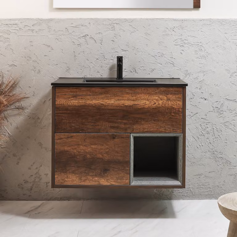Mobile Bagno Sospeso con Ripiano Aperto in Rovere Scuro da 812mm con Lavabo Color Grafite e Luci LED - Hoxton