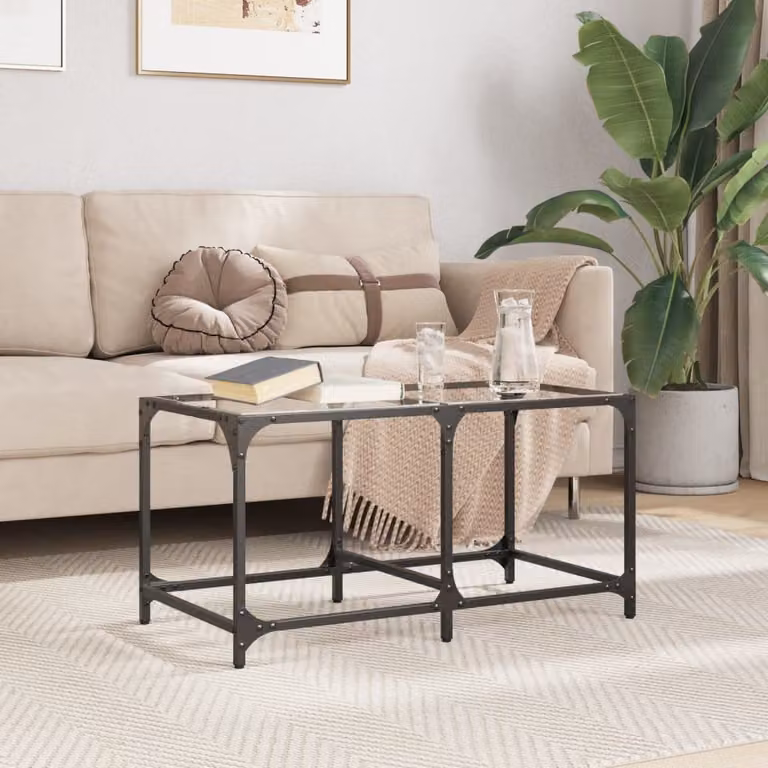 Set di 2 tavolini moderni vidaXL con piano in vetro trasparente e struttura in metallo, L/P/H: 78,5 x 40 x 40 cm