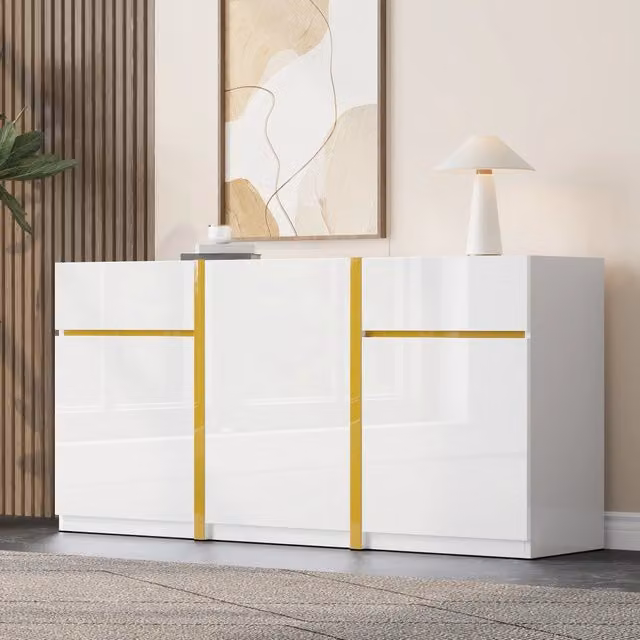 Sideboard moderno bianco e oro con 2 cassetti e 3 ante in MDF, L: 160 cm, P: 40 cm, H: 78 cm