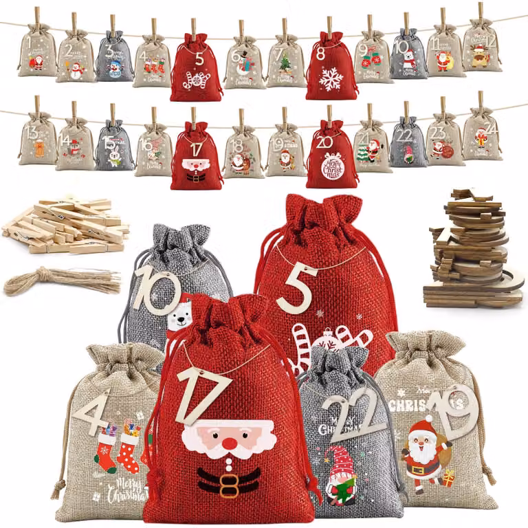 Calendario dell'Avvento da riempire, 24 sacchetti, 2 dimensioni, fai da te, con cartoncini in legno