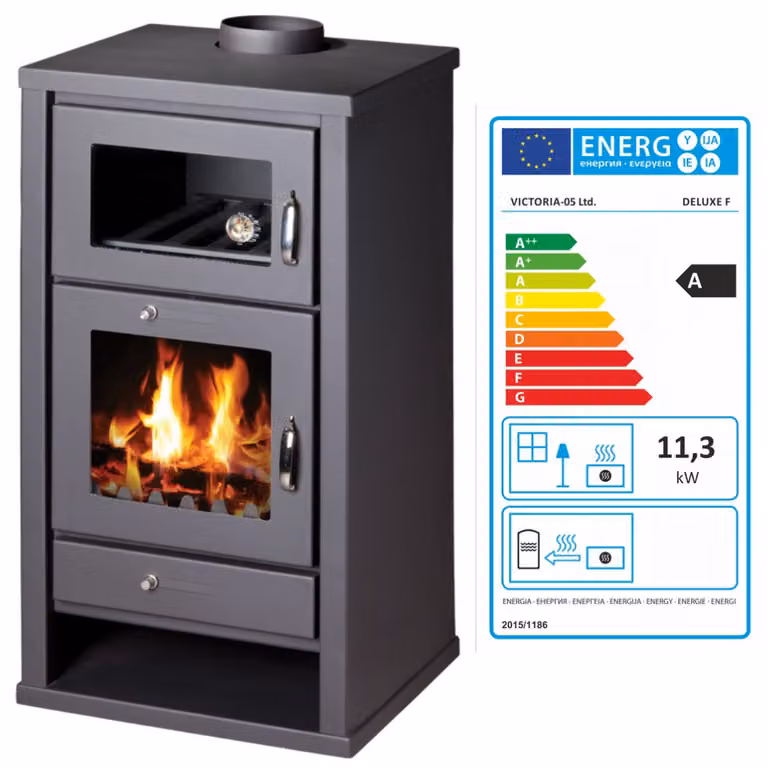 Stufa a legna Victoria Deluxe F - 11,30 kW, vano cottura, compatta, efficiente e moderna