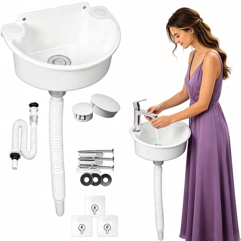 Lavabo da parete in plastica, dimensioni 29,5x21x10,5 cm, bianco, set