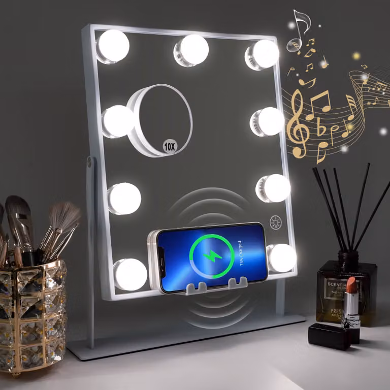 VANITII Specchio per il trucco con illuminazione 25 x 30 cm Illuminazione a LED 9 luci dimmer 3 modalità di colore Specchio per il trucco Bluetooth Ruotabile a 360° per la toletta