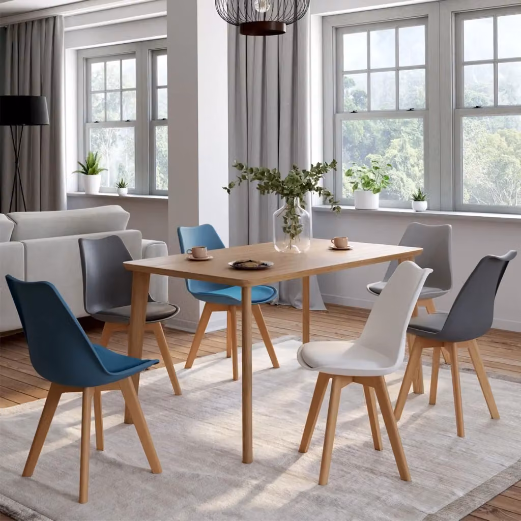 Set di 6 sedie SARA IDMarket in stile scandinavo con struttura in legno di faggio e seduta in tessuto, mix cromatico: bianco, grigio chiaro, 2 blu anatra e 2 grigio scuro – 2