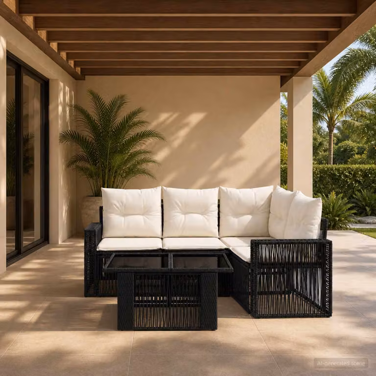 Set Divano da Giardino vidaXL 5 Pezzi in Polyrattan Moderno con Tavolino e Cuscini, L-Shape, Nero e Bianco Crema