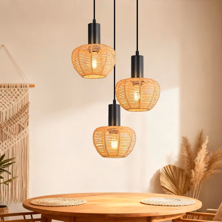 ZMH Lampada a sospensione a 3 fiamme Lampada da tavolo in rattan Lampada a sospensione intrecciata retrò Paralume Corda di canapa E27 Lampada a sospensione (senza lampadina)