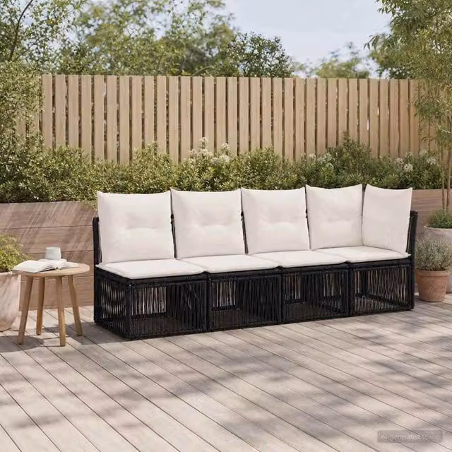 Divano da giardino a 4 posti vidaXL in polyrattan con struttura in metallo e cuscini bianchi e neri – 1