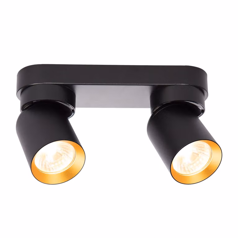 Striscia nera con 2 faretti dotati di interno dorato, orientabile, 2xGU10 10W, modello Andy Milagro