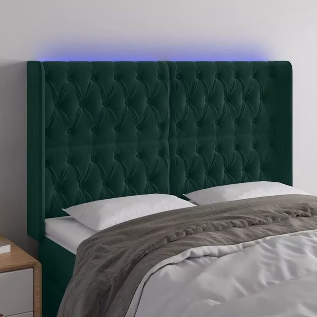 Testiera con LED e porta USB vidaXL in velluto verde scuro L: 147 cm, P: 16 cm, H: 118-128 cm