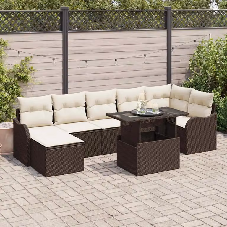Set Divano da Giardino vidaXL 8 Pezzi Marrone con Cuscini e Tavolino in Poly Rattan e Metallo