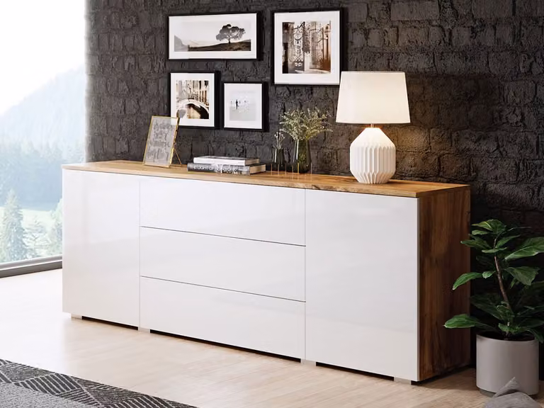 Cassettiera combinata moderna MERISA 150 - bianco lucido / rovere wotan